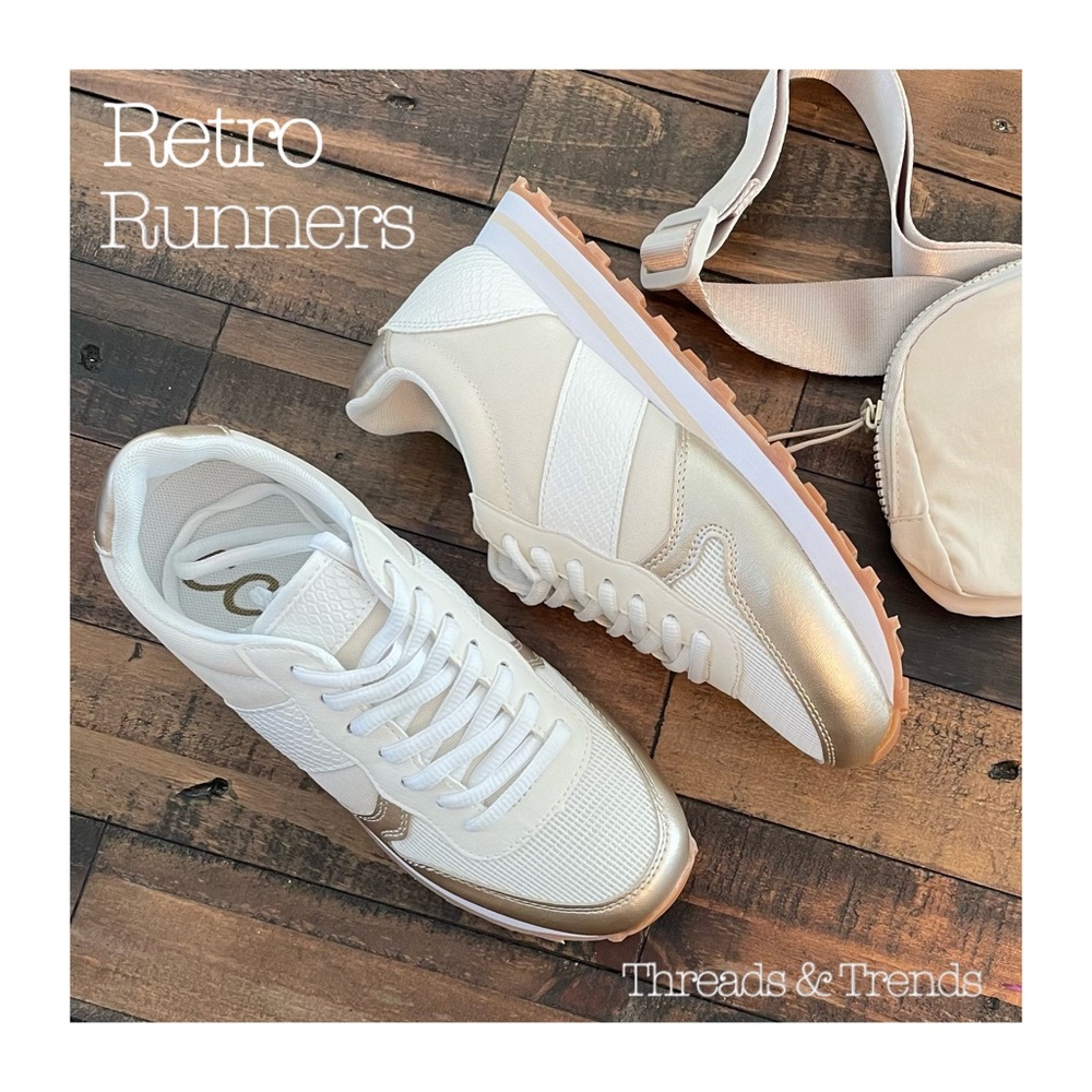 Monochromatic Metallic Champagne Retro Runner Sneakers - Picture 1 of 12